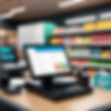 Convenience store setting with cash register and inventory management tools