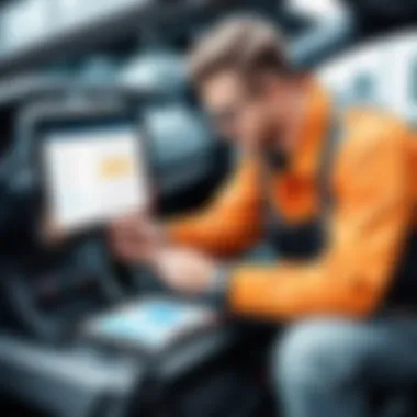 Technician Engaged with Auto Mechanic Software Technician utilizing software on a tablet while servicing a vehicle