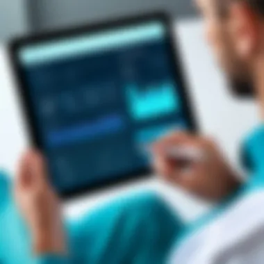 Reviewing Patient Data A healthcare professional reviewing patient data on a tablet
