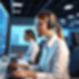 A modern telemarketing call center showcasing advanced technology and team collaboration.