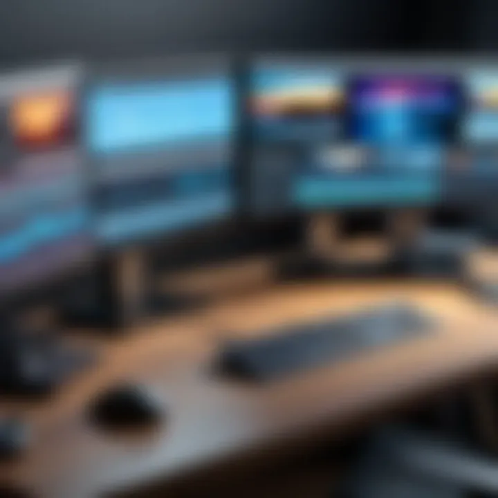 A professional video editor working on a high-performance workstation with multiple monitors.