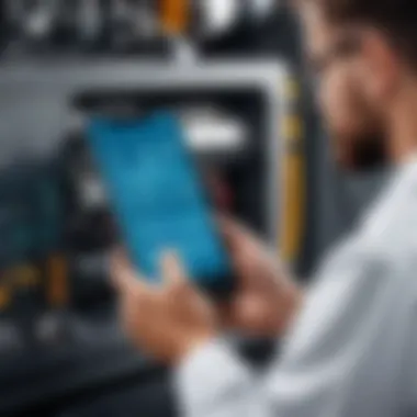 Technician Utilizes Mobile App for Equipment Inspection Technician inspecting equipment with a mobile app