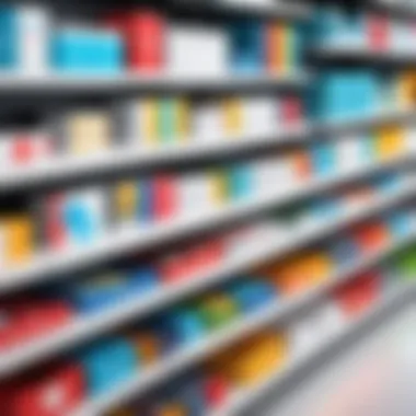 Organized Retail Inventory Display A shelf filled with products, showcasing organized inventory in a retail setting